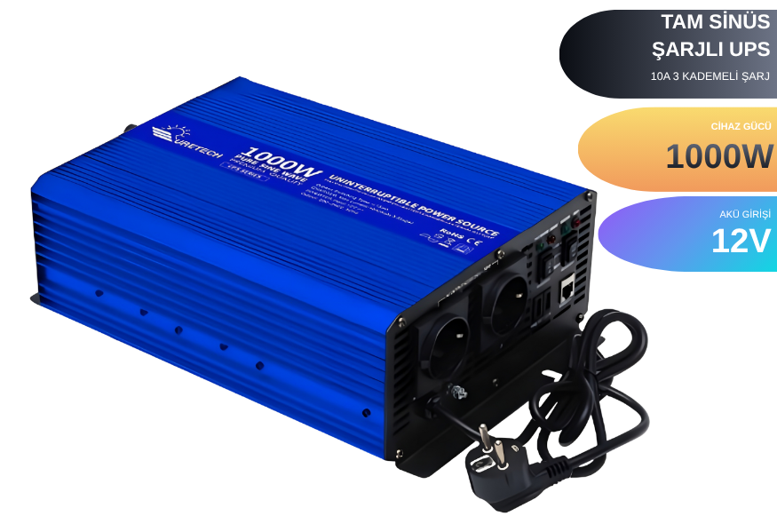 1000 Watt Tam Sinüs Akü Şarjlı Ups İnverter 12Vdc-230Vac