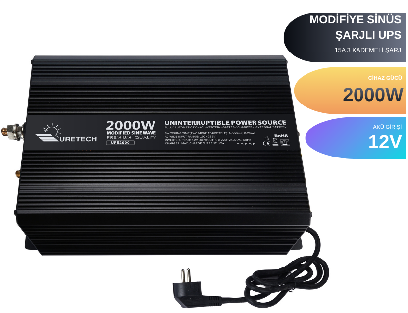 2000 Watt Modifiye Sinüs Akü Şarjlı UPS İnverter 12Vdc-230Vac