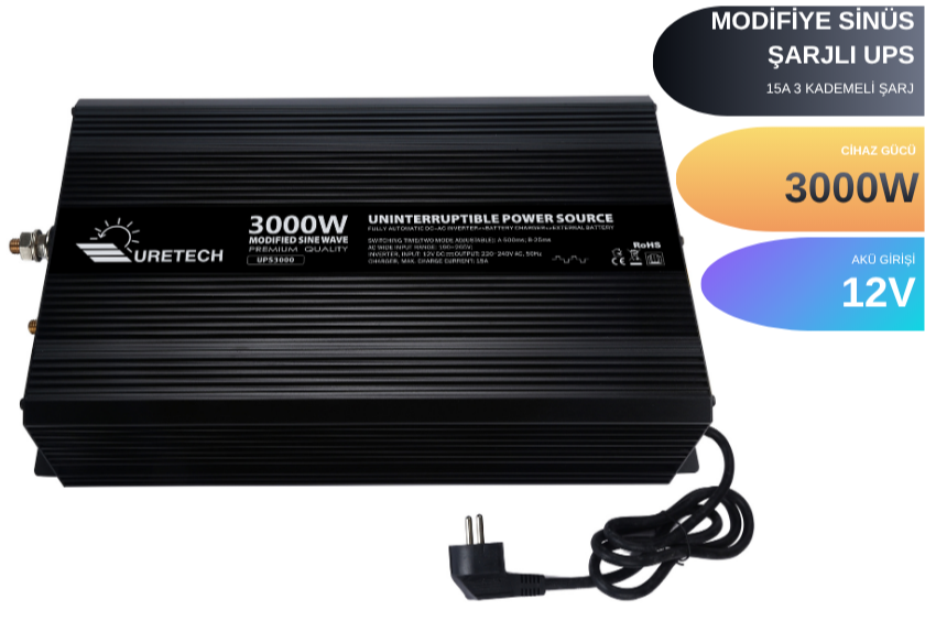 3000 Watt Modifiye Sinüs Akü Şarjlı UPS İnverter 12Vdc-230Vac