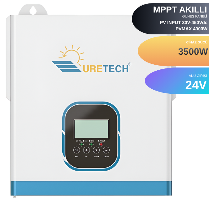 3.5KVA 3500 Watt Tam Sinüs Akıllı 100A (H.V. 30-450Vdc) MPPT İnverter 24Vdc-230Vac 3.5kW