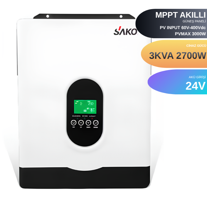 SAKO 3KVA  2700 WATT Tam Sinüs Akıllı  80A (H.V 60-400Vdc) MPPT İnverter